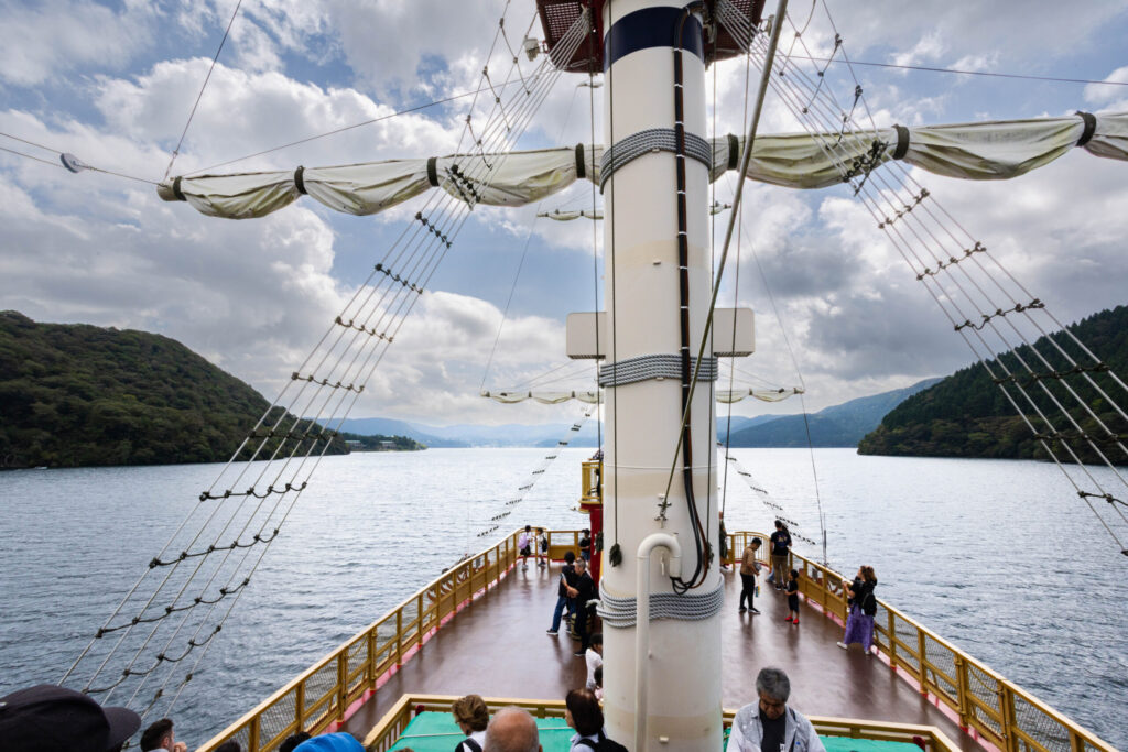 Crossing Lake Ashi to Hakone Village on the south shore.