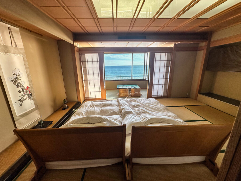 A futon with a view at Kappo Ryokan Wakamatsu