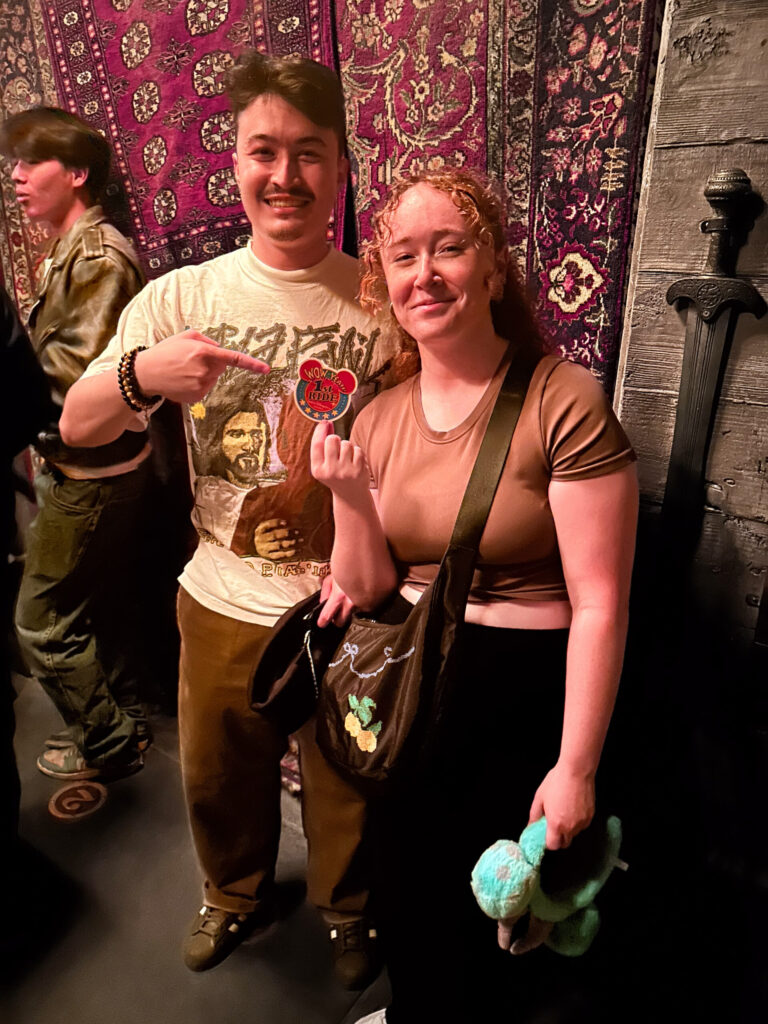 Waiting in Syd's least favorite ride, The Tower of Terror